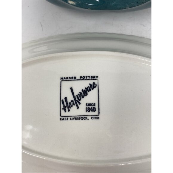 Harker Pottery Corinthian Teal Green Gravy Boat & Plate White Trim Harkerware - Picture 9 of 11